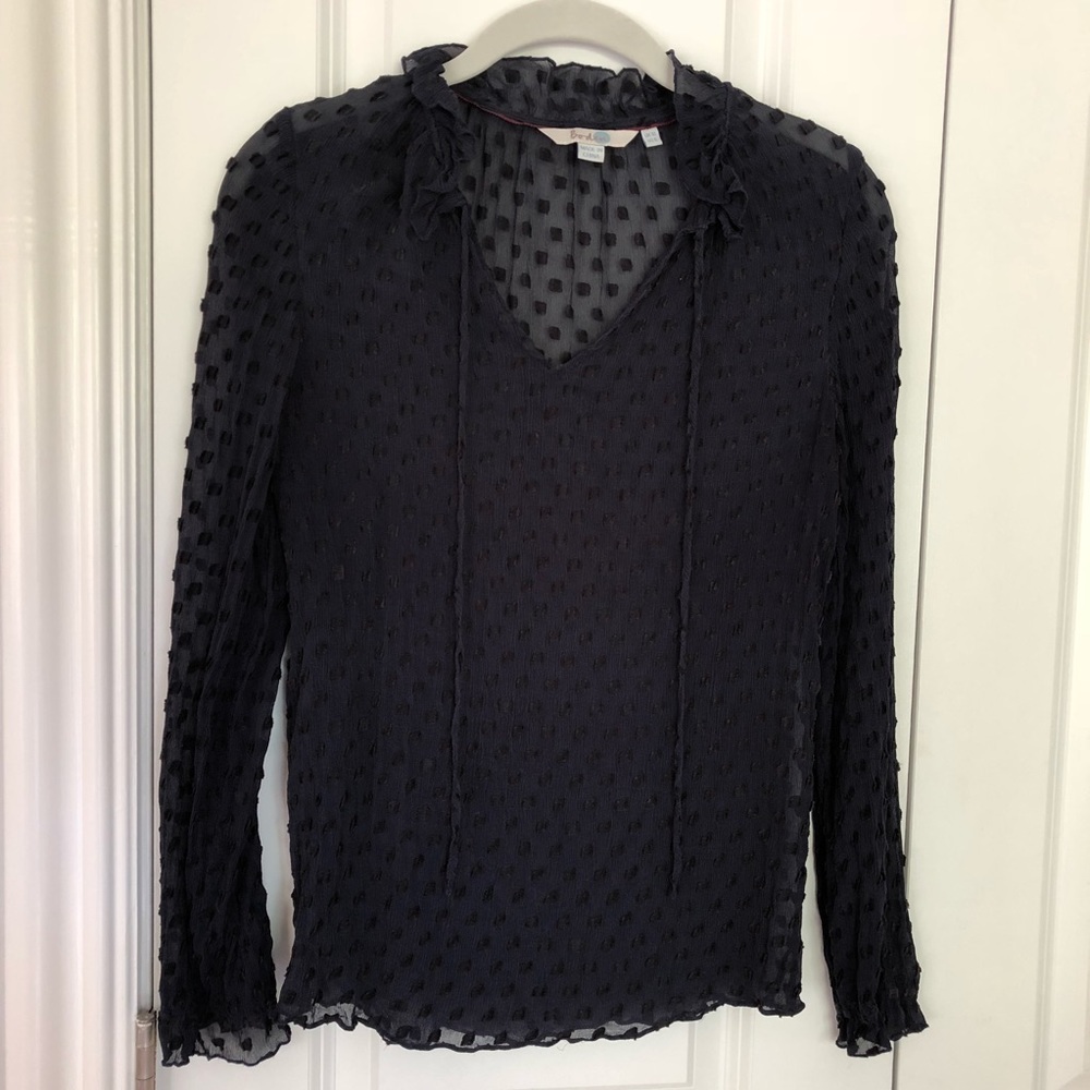 Boden navy ruffle neck polka dot top
